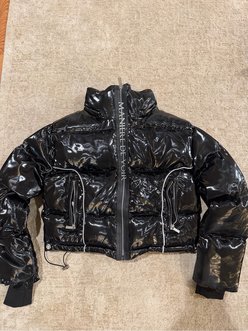 Maniere De Voir Glossy Black Cropped Puffer Jacket
